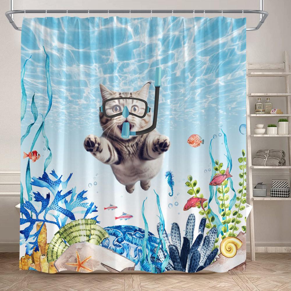 Sea Turtle Shower Curtains Funny Ocean Animals Coral Underwater Scenery Bath Curtain Polyester Fabric Bathroom Decor With Hooks