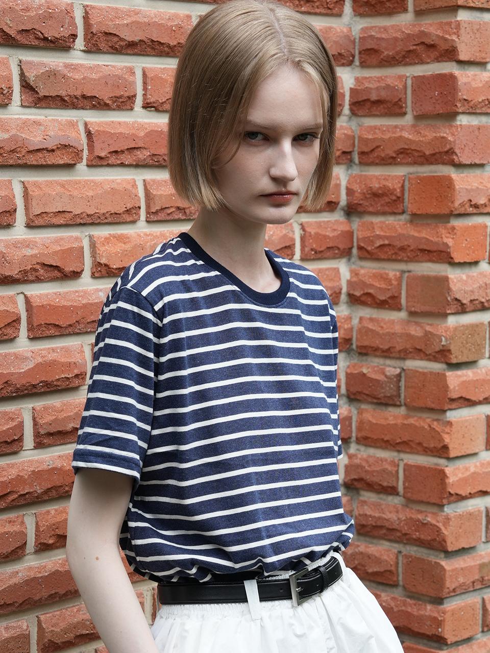 Raye Lima Stripe Cotton T-Shirts (Navy Blue)
