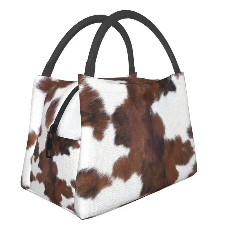Cowhide Leather 3D Printing Resuable Lunch Box Women Waterproof Animal Fur Texture Thermal Cooler Food Insulated Lunch Bag