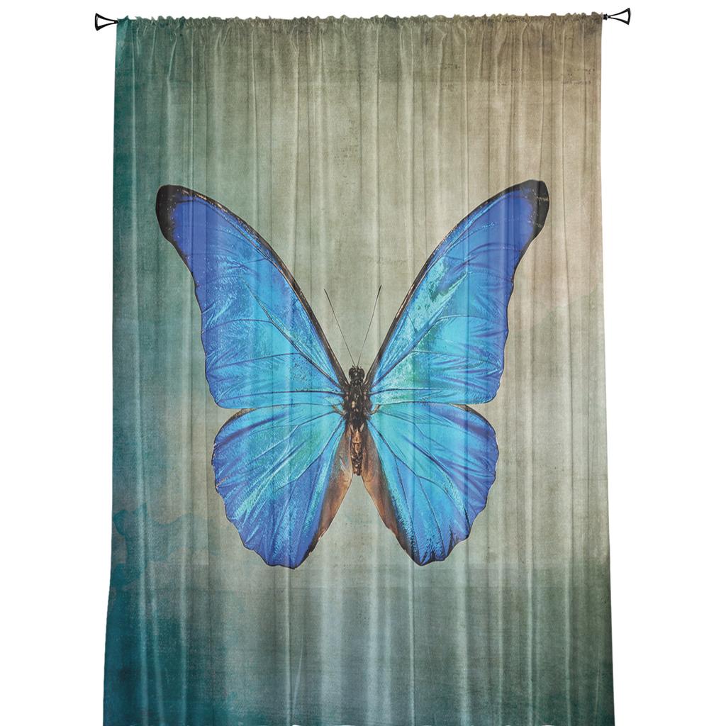 Spring Blue Butterfly Retro Window Treatment Tulle Modern Sheer Curtains for Kitchen Living Room the Bedroom Curtains Decoration