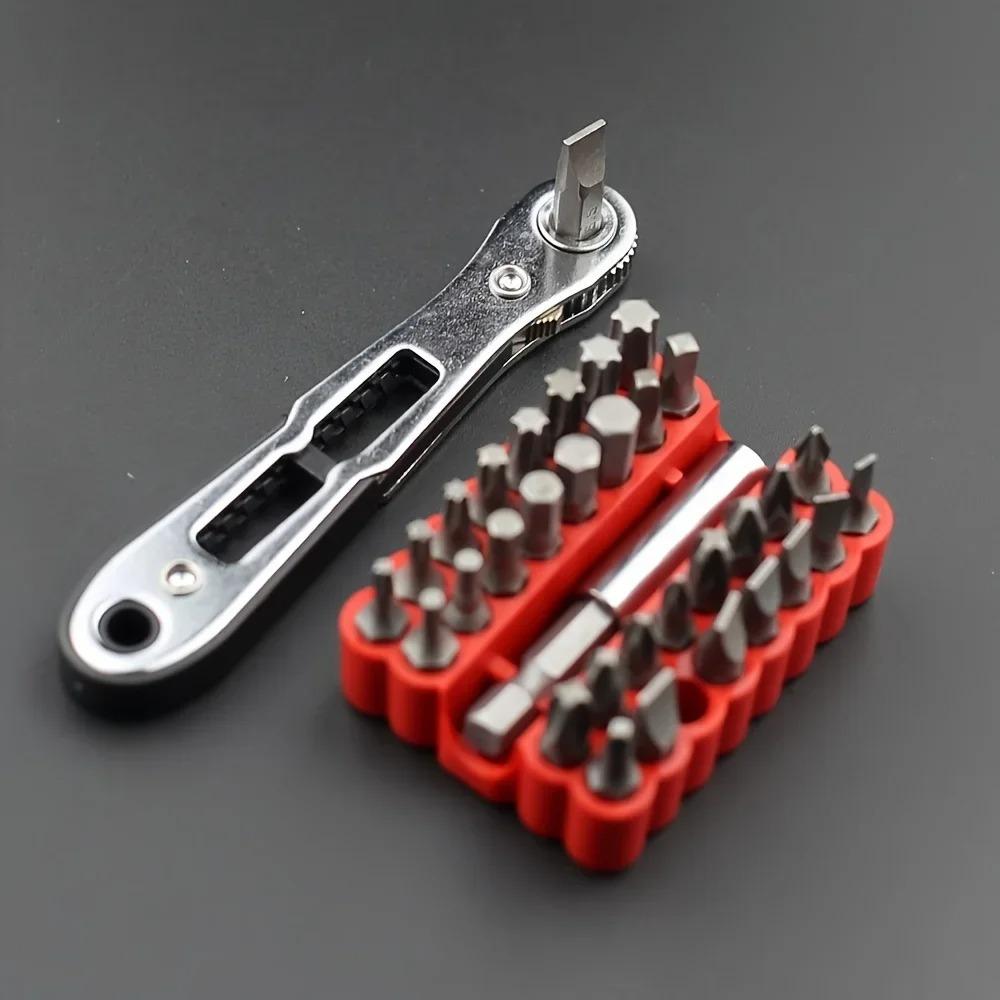 Set Mini Cheie cu Clichet 34-în-1 Bidirecțional Oțel cu 36 de Dinți Hexagonale Torx Biți Șurubelniță Non-Electrică DIY Scule Industriale.
