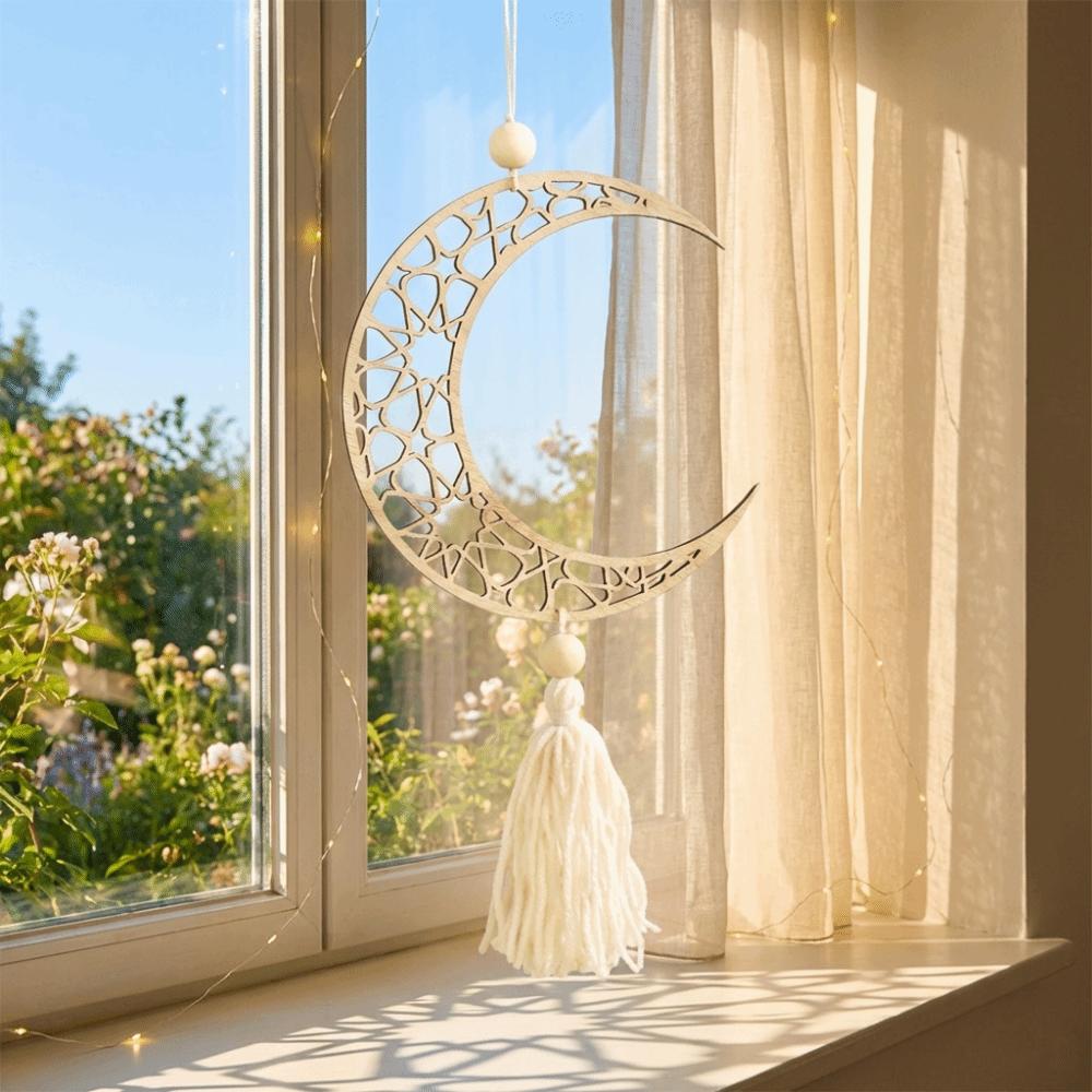 Handmade Moon Star Hollow Mesh Wall Decor Wooden Handicraft Pendant  Ramadan Celebration