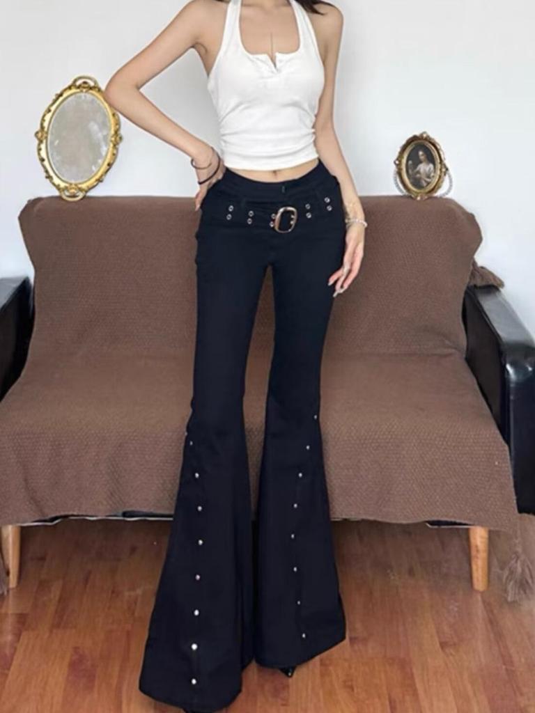 Damen Retro Schlagjeans mit Schnürschlitzen