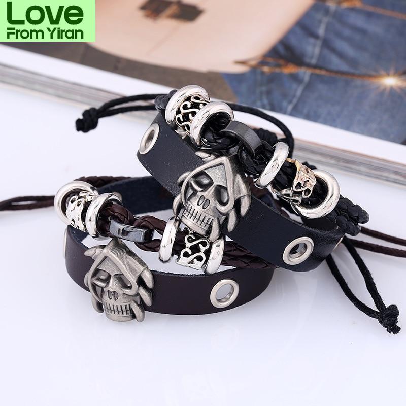 

Винтажный ретро заклепка в стиле панк, крутой аксессуар в стиле хип-хоп, браслет ручной работы из воловьей кожи, череп, скелет, манжеты викингов, плетеные браслеты чёрный