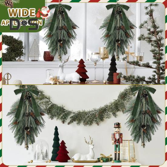 

2 шт. рождественский венок в форме капли длиной 20 дюймов в деревенском стиле из искусственной хвои Норфолка с колокольчиком, подвесная гирлянда из зелени с бантом для внутреннего использования зелёный