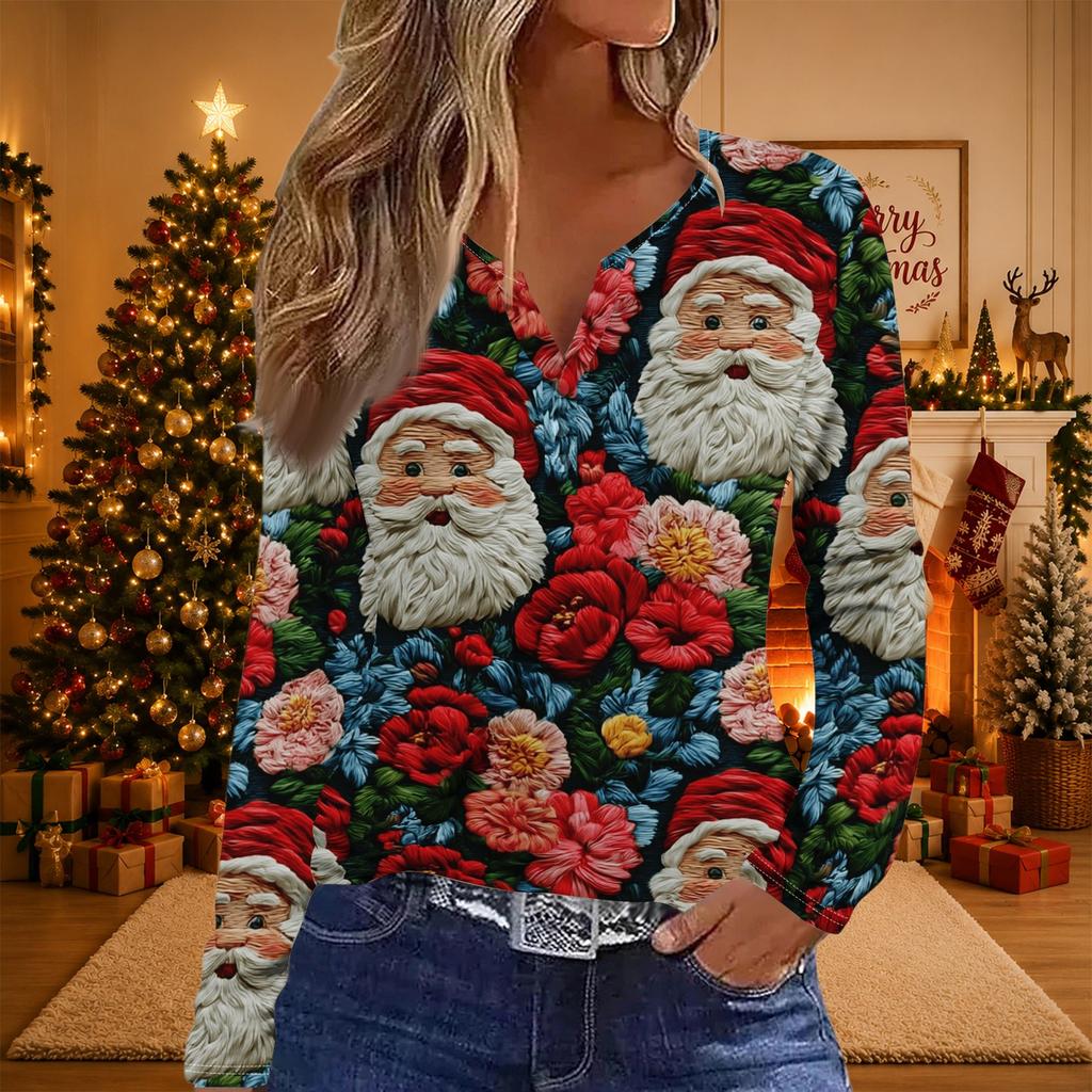 Women's Casual Christmas Print V-Neck Long Sleeve T-Shirt with Decorative Buttons for Holiday Parties
