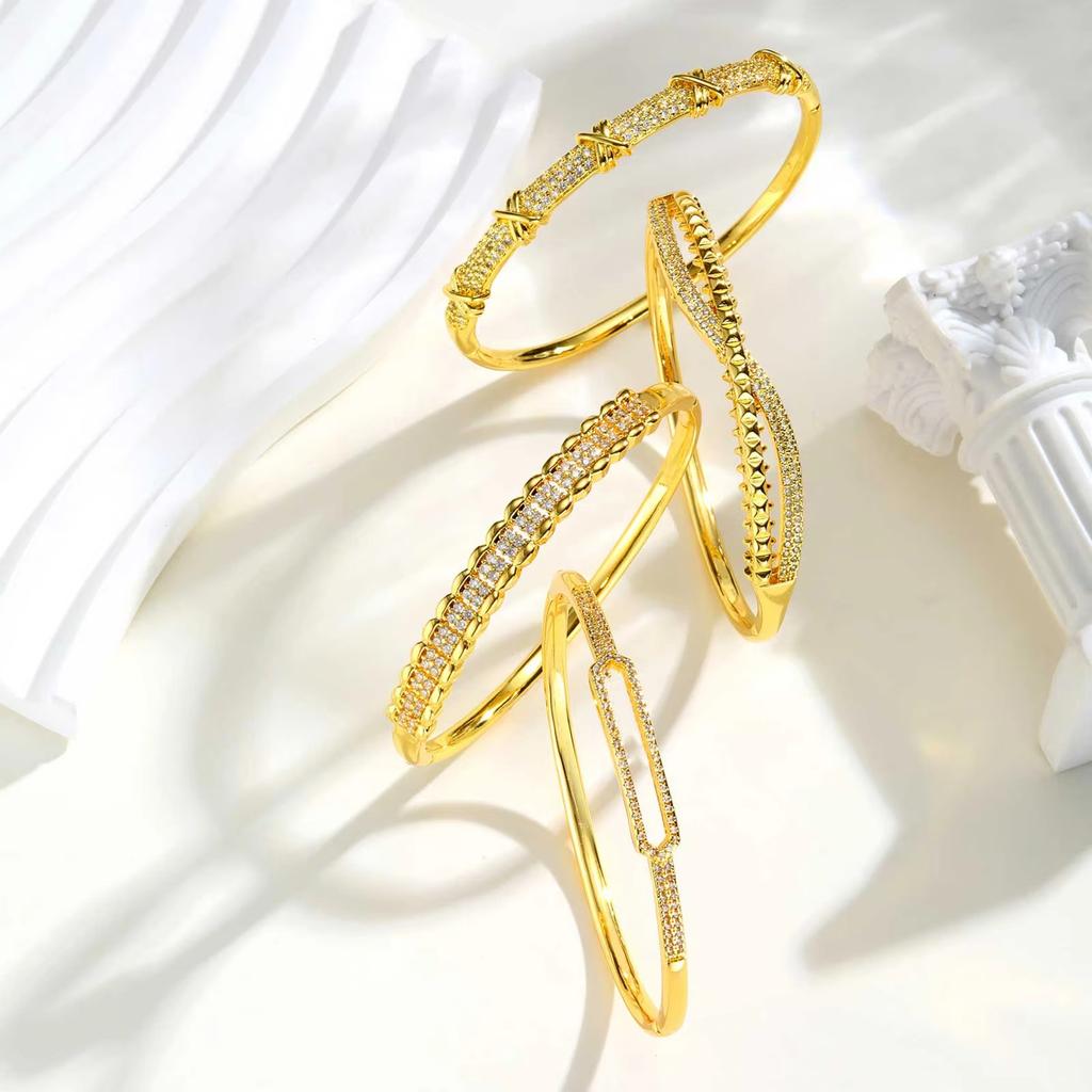 New Gold Plated Cubic Zirconia Bracelet, Chunky Waterproof Openable Bangle, High Quality Stackable Jewelry For Women Gift