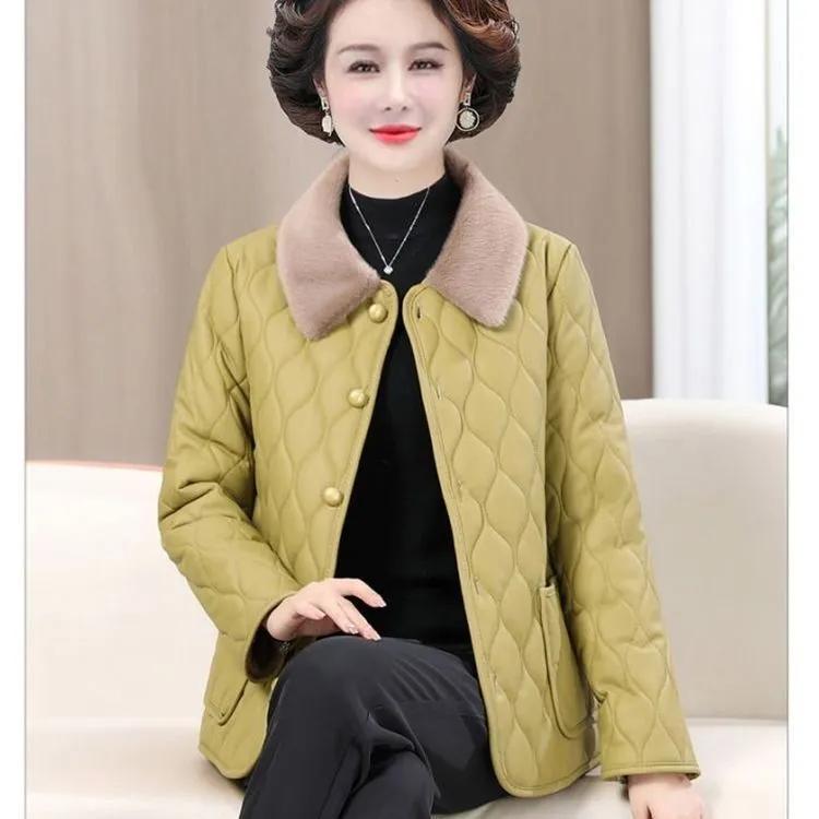 Women Winter Thick Plush Jacket Mom's Fur Collar Coat with Velvet Warm Quilted Coat