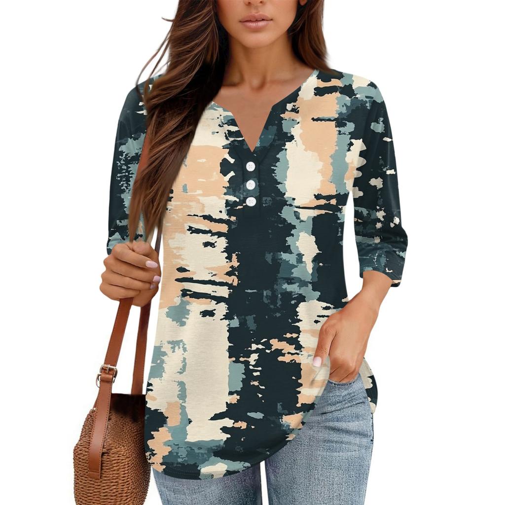 Damen V-Ausschnitt Freizeit Dreiviertelarm Knopf-Detail Top mit Blumenmuster