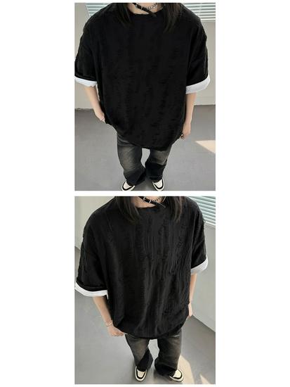 Wasteland-Style Niche Hollow-Out Ripped Men's Heavyweight T-Shirt with Small Neckline