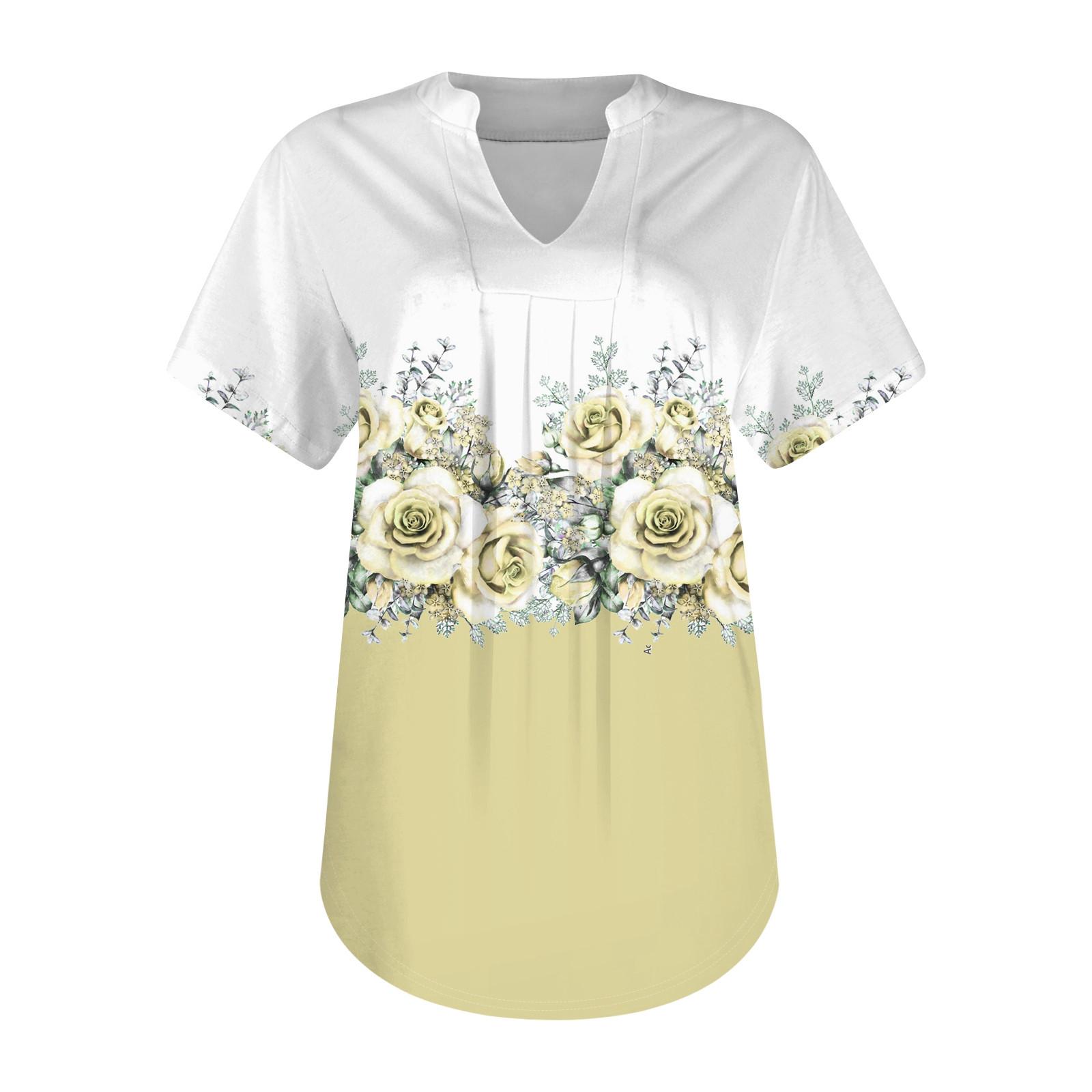 Женская повседневная свободная футболка с коротким рукавом и v-образным вырезом на груди — фото 9