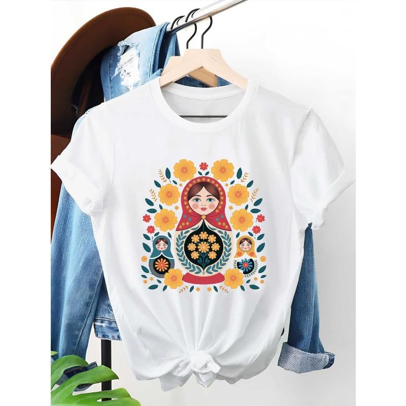Women's Russian Matryoshka Doll Print T-Shirt Black Crew Neck Short Sleeve Casual Cultural Tee