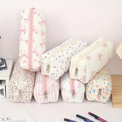 Gentle Style Plaid Design Stationery Pencil Case, Exquisite Soft Material Bow Floral Pattern Printed Pencil Case and Daily Item Storage Bag
