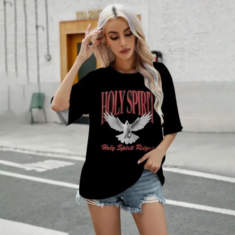 

Свободная простая простая с коротким рукавом с мультяшным принтом, удобная дышащая футболка высокого качества с круглым вырезом, 2024, новая женская повседневная футболка L