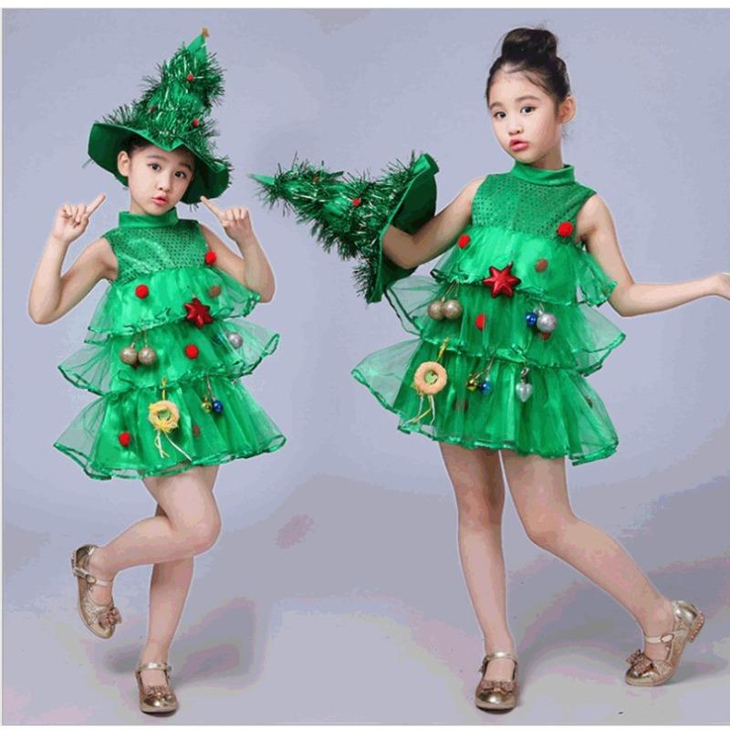 Kids Girls Xmas Green Elf Christmas Tree Dress Hat Sets Children New Year Cosplay Costumes Kindergarten Performance Role Play Outfit