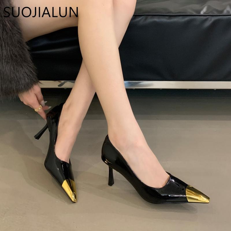 Fashion SUOJIALUN Spring New Brand Women Pumps Shoes Fashion Metal Pointed Toe Slip On Ladies Elegant Single Shoes Thin High Heel Pumps