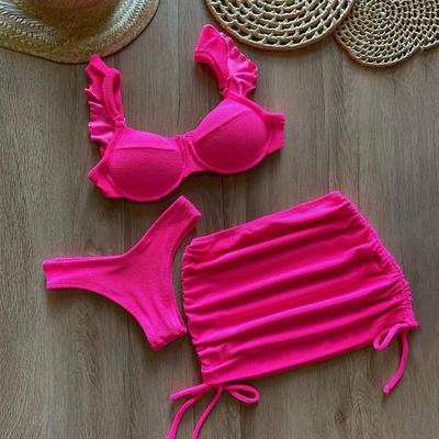 Ensemble Bikini Taille Basse en Tissu Ondulé Uni avec Cache-Maillot Maillot de Bain Trois Pièces à Volants Push-Up pour Femmes Maillots de Bain de Plage 2025