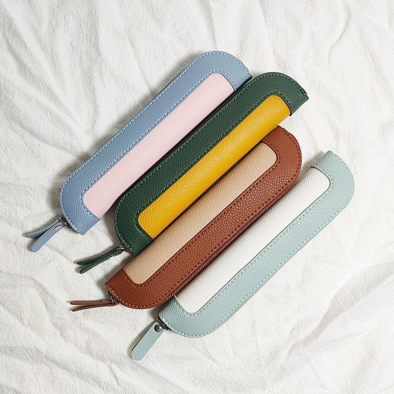 PU Leather Pen Holder Brass Snap Closure Fine Stitching Cute Pencil Storage Pouch for Kids Student School Office Stationery Gifts