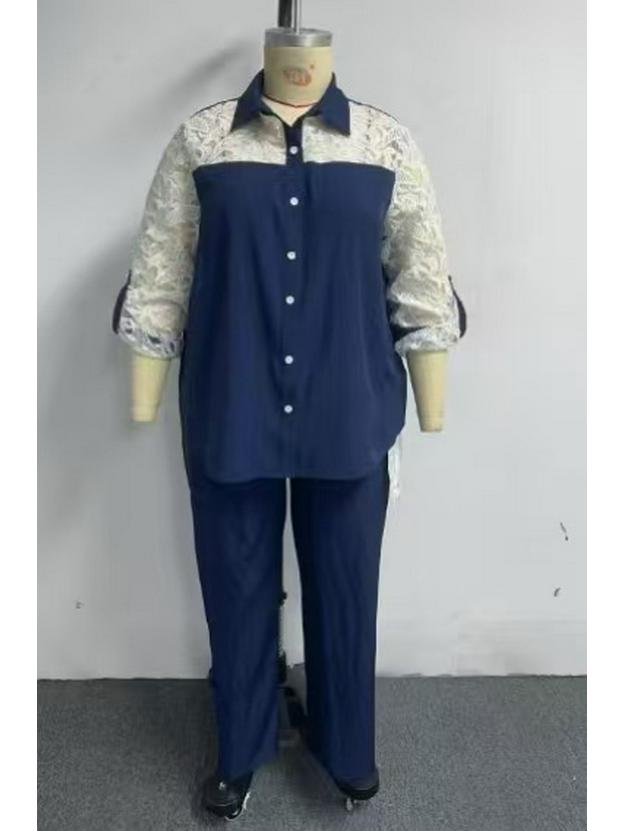 2025 Plus Size Lace Patchwork Two-Piece: Long Sleeve Shirt & Wide-Leg Pants Set