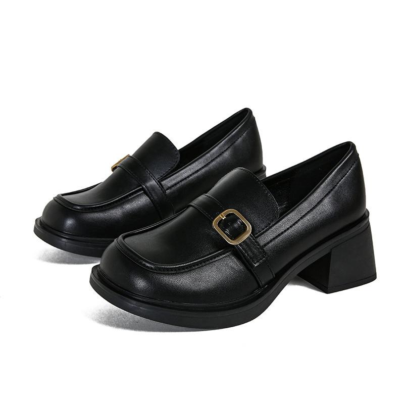 Retro One-pedal Small Size Platform Loafers Round Head Small Leather Shoes Women's Medium High Heels Are Not Tiring