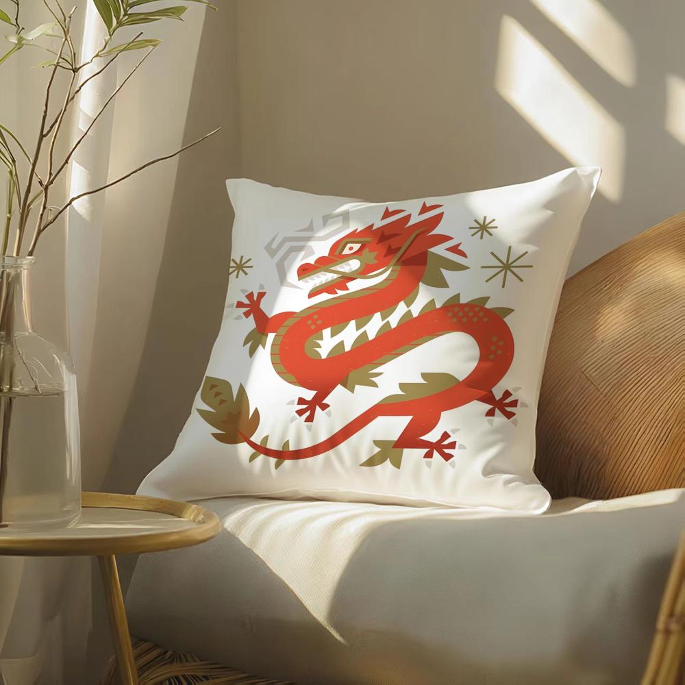 Cartoon Of Oriental Dragon Illustration Pillow Case Double-Sided Plush Sofa Cushion Covers Organic Breathable Invisible Zipper
