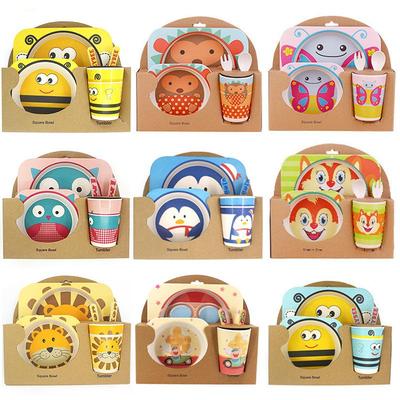 Creative Bamboo Fiber Children's Dinnerware Set - Five-Piece Cartoon Design for Kids.