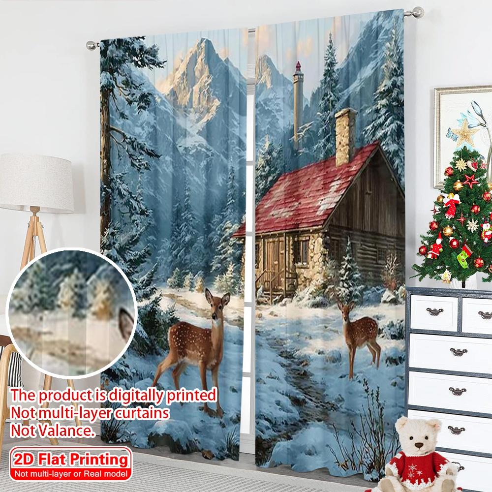 2pcs 2D flat printing Merry Christmas Party Curtains Cardinal Deer (8) Durable Polyester Without Electricity Festive Holiday