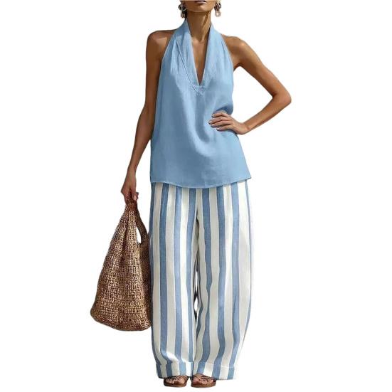 Women Cotton Linen 2 Piece Sets Sleeveless Halter V Neck Top And Striped Wide Leg Pants Sets Summer Vacation Lounge Outfits