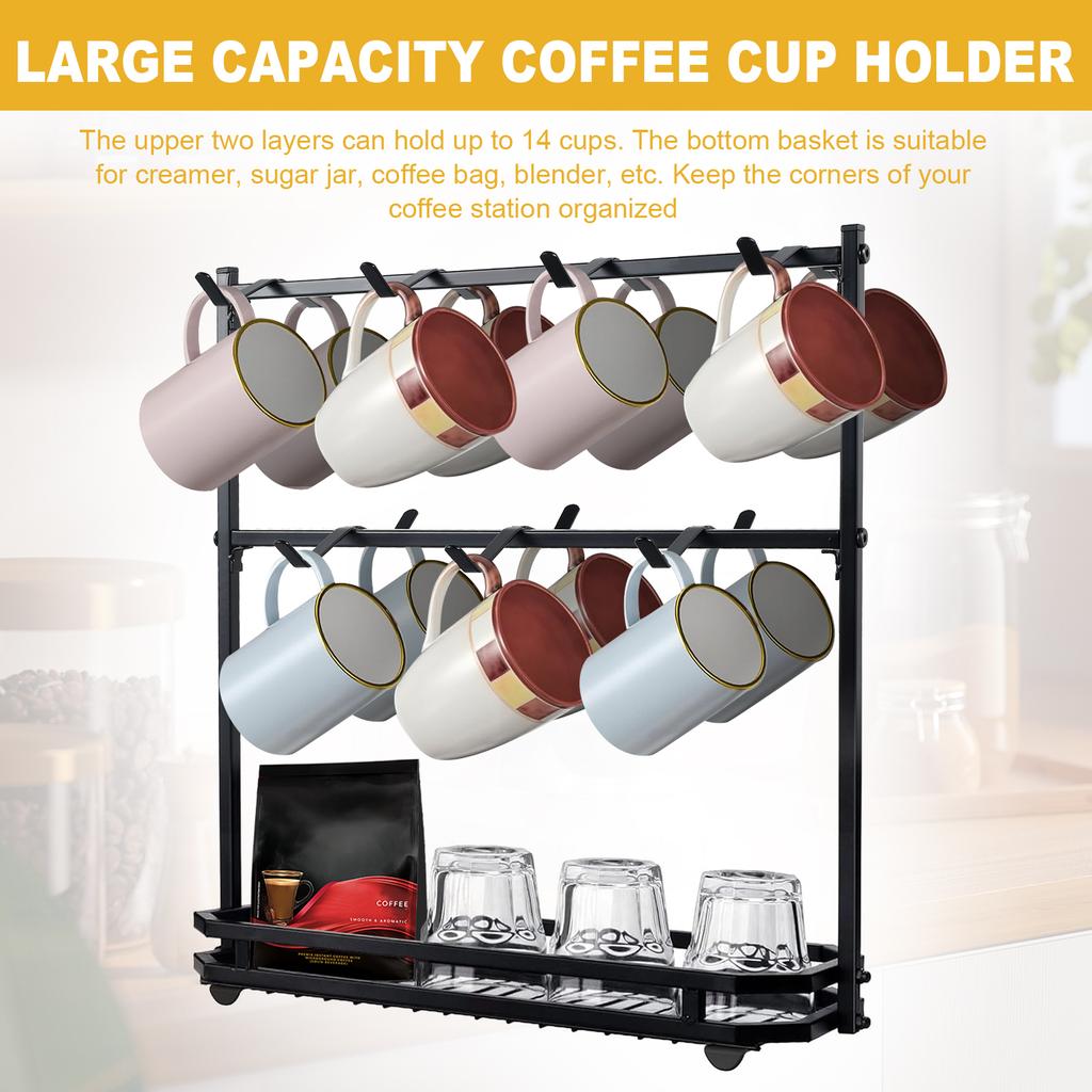 Coffee Mug Holder for Countertop Rustproof Coffee Cup Holder 14 Capacity Mug Holder Rack 2 Tiers Mug Holder Stand for Coffee Bar