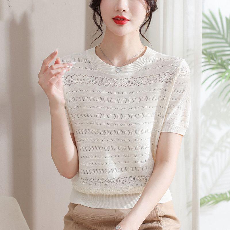 Short Sleeved Knitted Shirt for Women Round Neck Short Jacquard Top T-shirt for Women