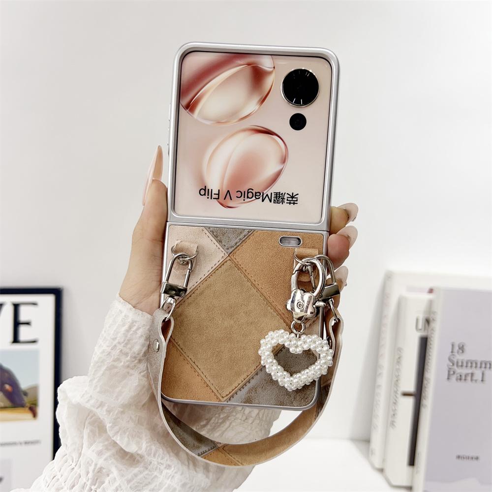 Retro Color Collision Phone Case For Honor Magic V Flip Hand Strap Protective PC Hard Shell Magic V Flip Back Cover