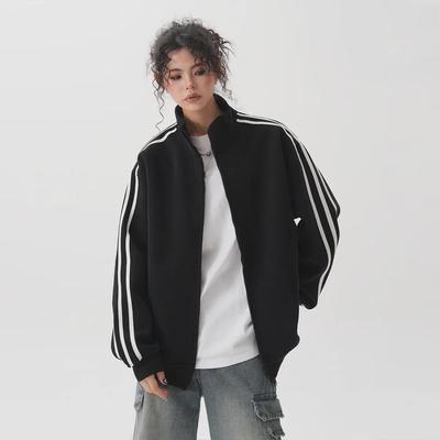 Stehkragenjacke im amerikanischen Stil für Damen: Herbstlicher, trendiger, lockerer Sport-Cardigan mit Doppelreißverschluss