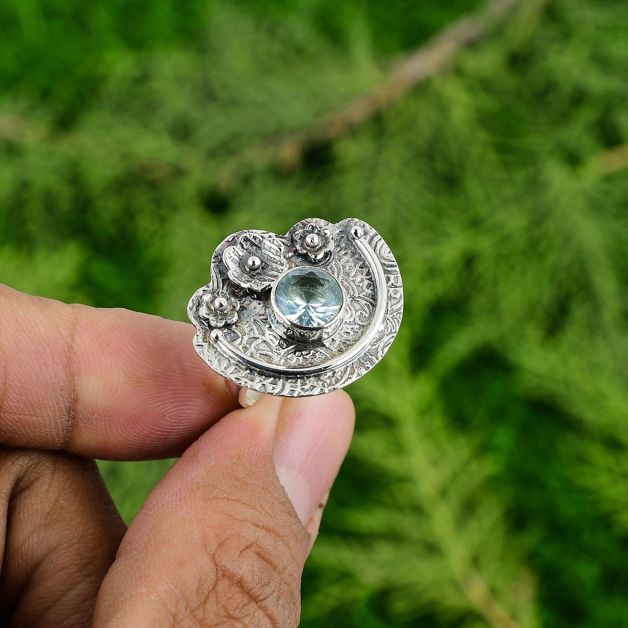 

Кольцо-солитер Цветок из натурального швейцарского голубого топаза, регулируемое, из серебра 925 пробы, для женщин Adjustable