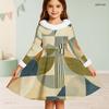 Girls High Neck Long Sleeve Geometric Printed Green Khaki Bow Decor Furry Trim A Line Flared Dress