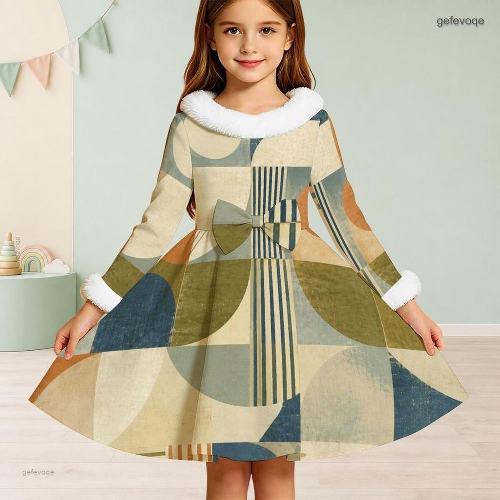 Girls High Neck Long Sleeve Geometric Printed Green Khaki Bow Decor Furry Trim A Line Flared Dress
