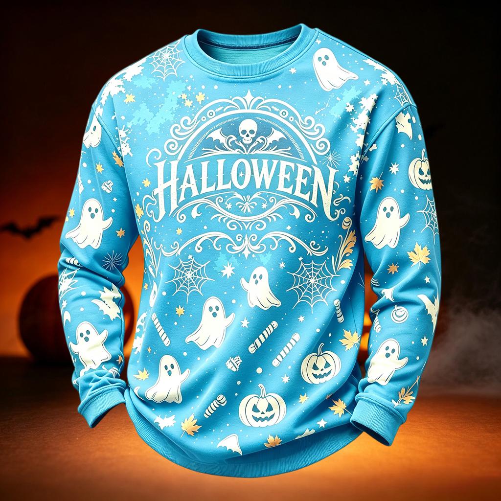 Men's Casual Round Neck Long Sleeve Top with Halloween Print