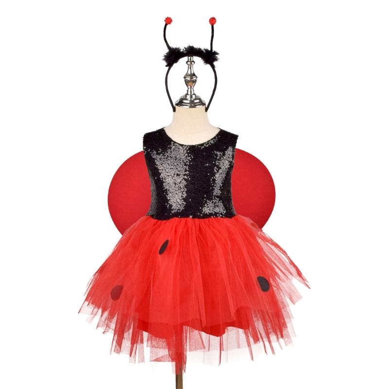 Children Ladybird Costume with Wing Headband and Dress Halloween Lady Bird Dress Up Outfits for Girl Halloween Cosplay