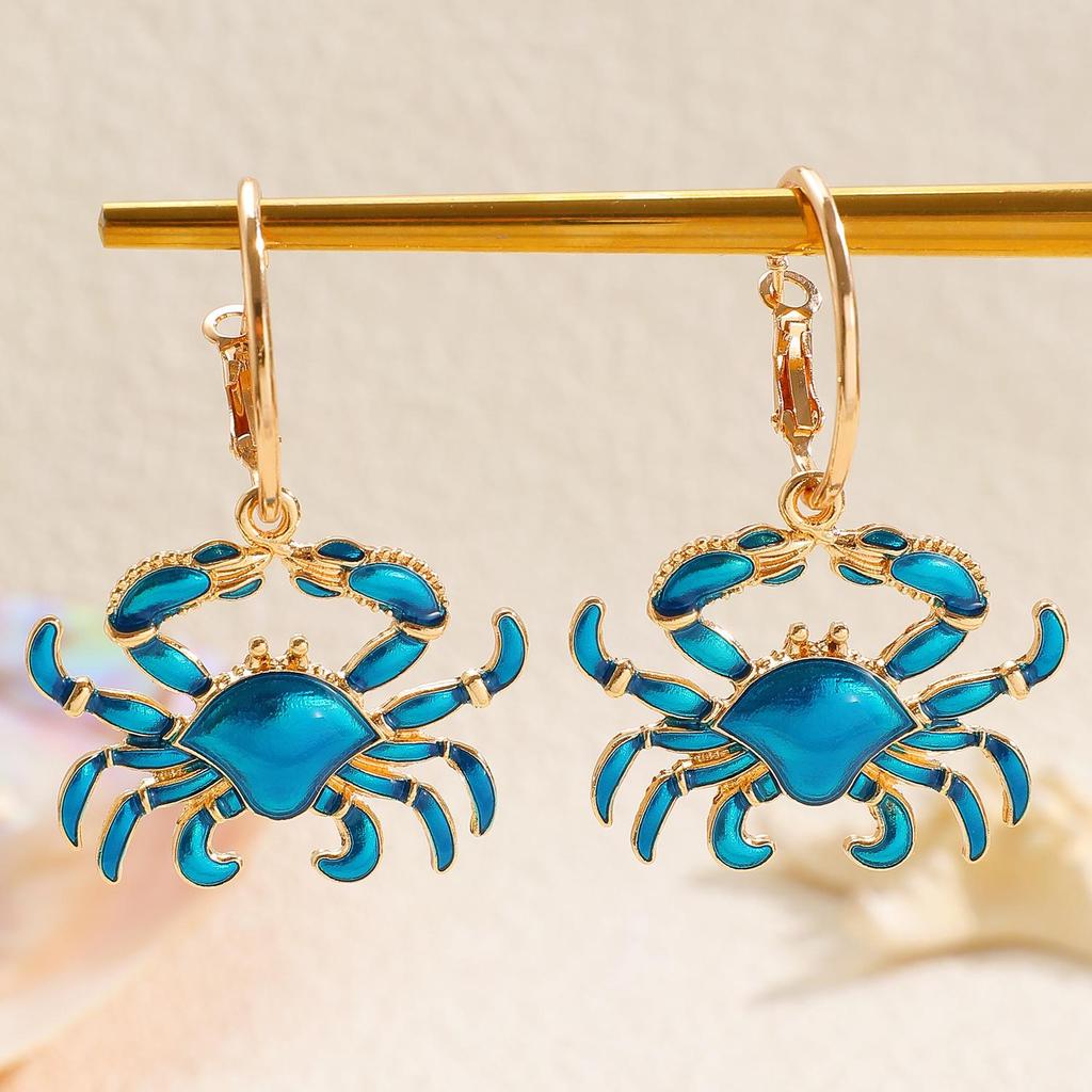 European & American Beach Resort Alloy Drip Oil Red Lobster & Blue Crab Earrings for Women