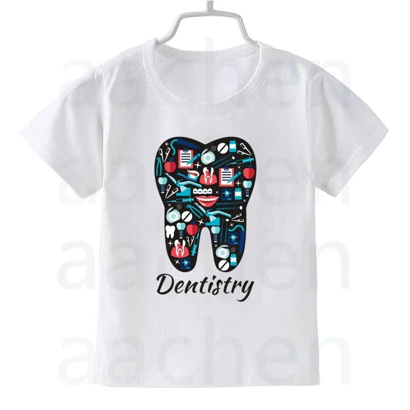 Tooth Dentist Cartoon Print Kid Cute White T Shirt Children Short Sleeve Clothing Funny Cartoon Party Top Boys and Girl Tshirt