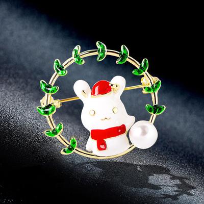 Female Fashion Pearl Cute Rabbit Flower Brooches For Women Luxury Yellow Gold Color Alloy Enamel Animal Brooch Safety Pins