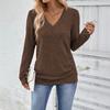 Women Tops V-Neck Long Sleeve Side Buttons Decor Casual Pullover Tops Solid Color Spring Autumn Blouse