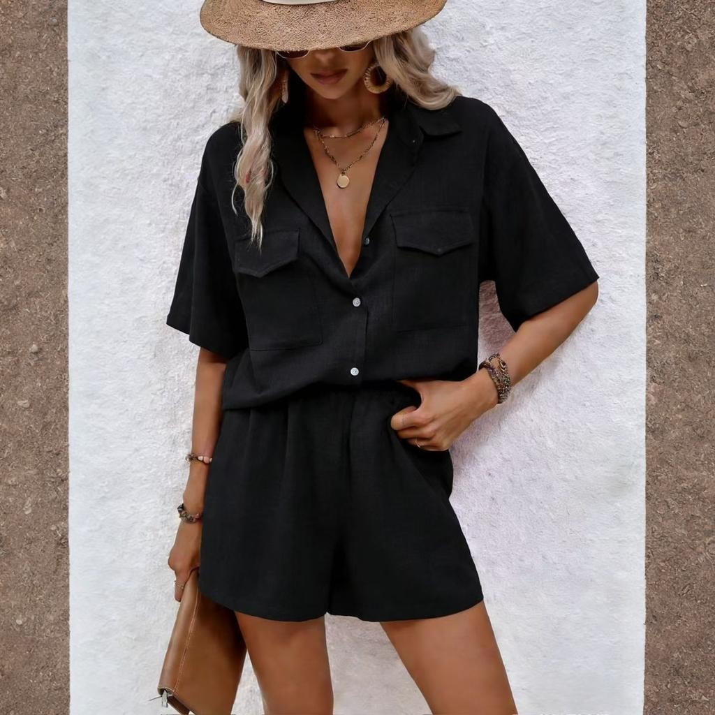 Fashion Women'scolor Single Breasted Short Sleeved Shirt Loose Casual Shorts Set