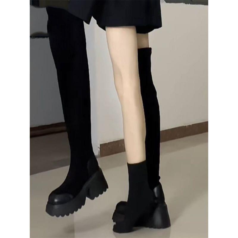 Muffin Bottom Over Knee Boots Women's Height Increasing Boots Thick Bottom Suede Elastic Boots Super Tall Knight Boots ins Tide