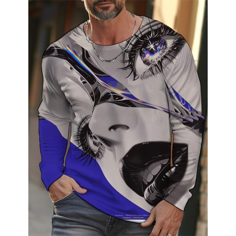 Men's Streetwear 3D Anime Girl Printed T-Shirt Casual Round Neck Graphic T-Shirt Tops Breathable Sports Long Sleeve Men