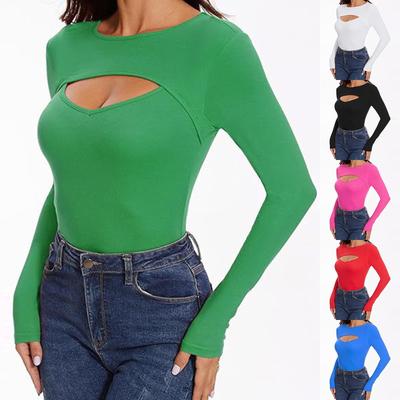 Moda Feminina Casual Frente Vazada Slim Sexy Top Manga Longa