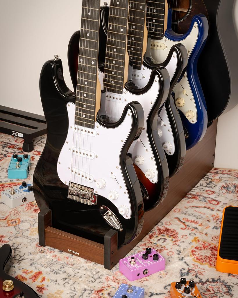 STRICH Guitar Wooden Guitar Rack with Front Design for and Stage Walnut 4 Electric Guitars and 1 Acoustic Stand, 5-Guitar Stand, Floor-Mounted