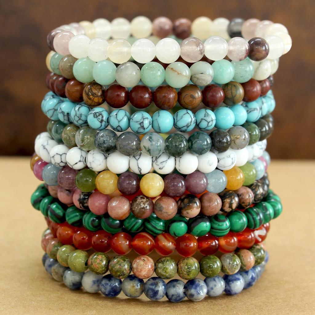European 6mm Natural Agate Crystal Beaded Bracelet - Handmade Elastic Cord Jewelry for Women