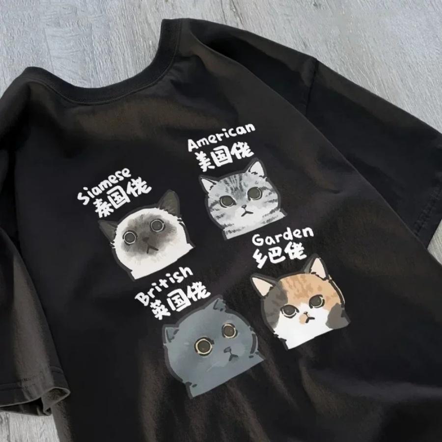 

Creative Fun Cat Illustration Women s T-Shirt Trendy Youthwear Cat Print Short-Sleeve Tee Summer New Daily Casual Streetwear XXXXXL чёрный