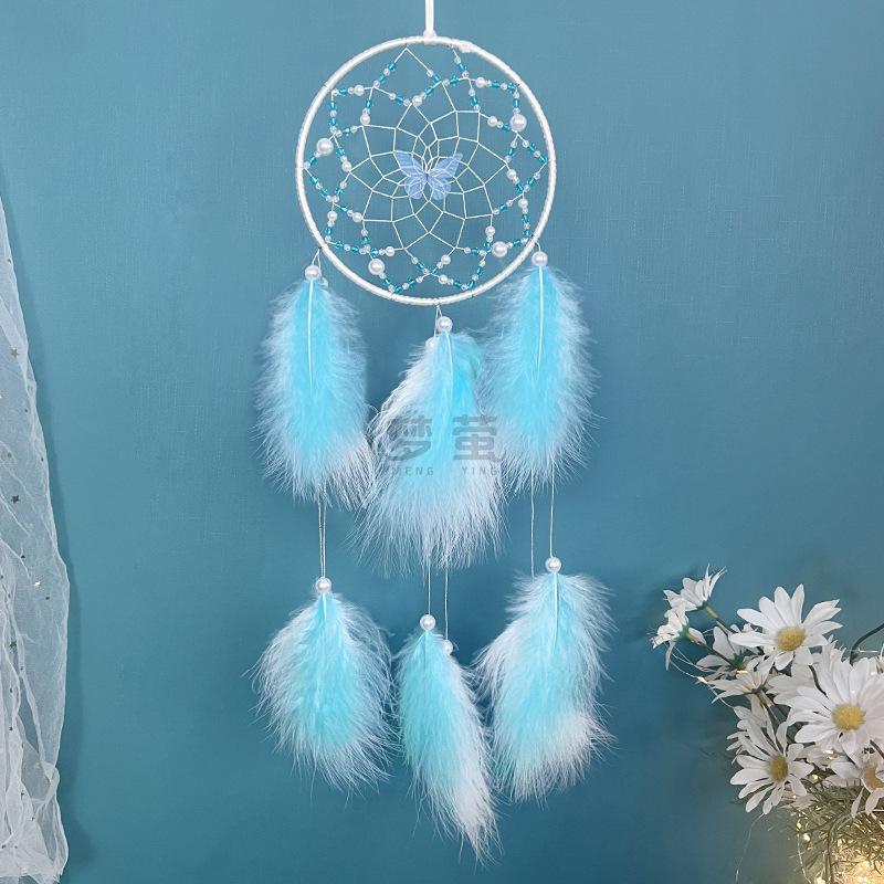 Butterfly Dream Catcher Pink Feather Pendant Creative Hand-woven Bedroom Curtain Hanging Ornaments Birthday Gift Home Decoration