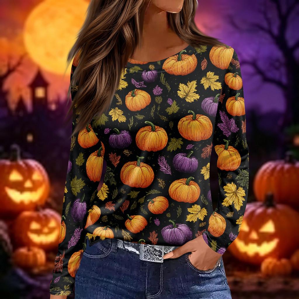 Women's Long Sleeve Halloween Print Top Split Hem Casual Pullover Round Neck Shirt Lightweight Comfortable Fit